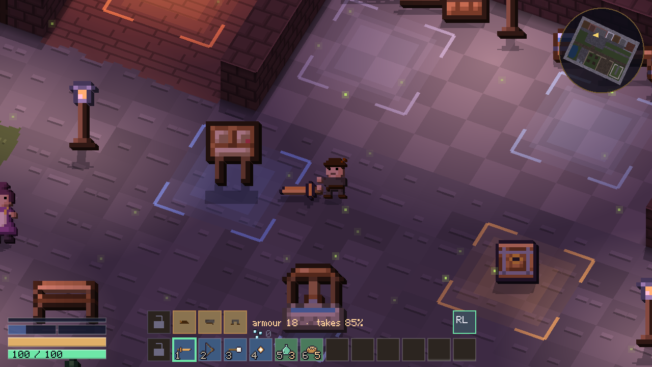 The town square at dusk: a notice board, a lantern post, a well and a
                 vault chest on flagstones, with a character walking past.